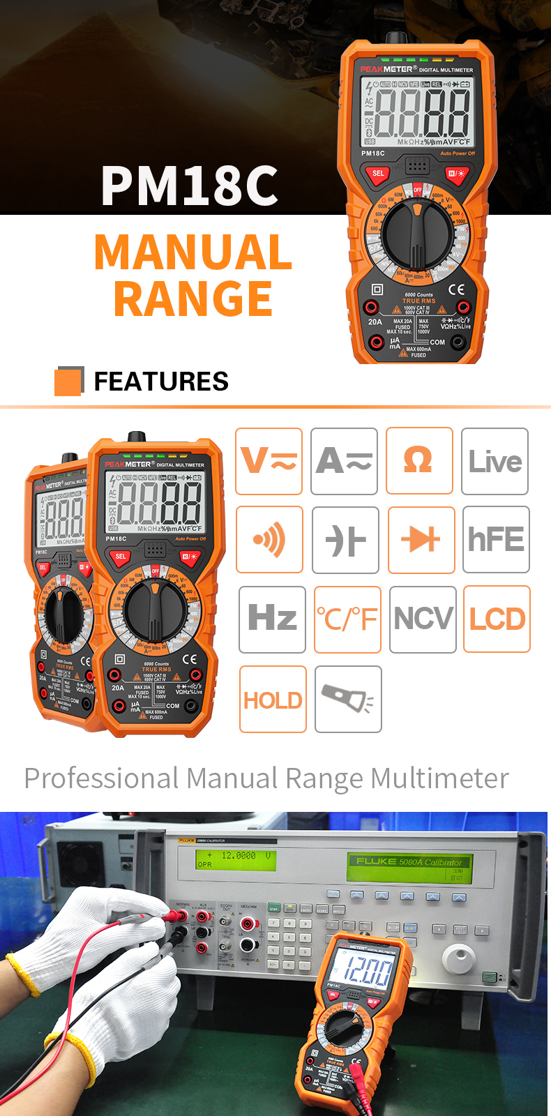 PEAKMETER PM18C Digital Multimeter Voltage Current Resistance Capacitance Frequency Temperature Tester ??/?H hFE NCV Live Line Tester