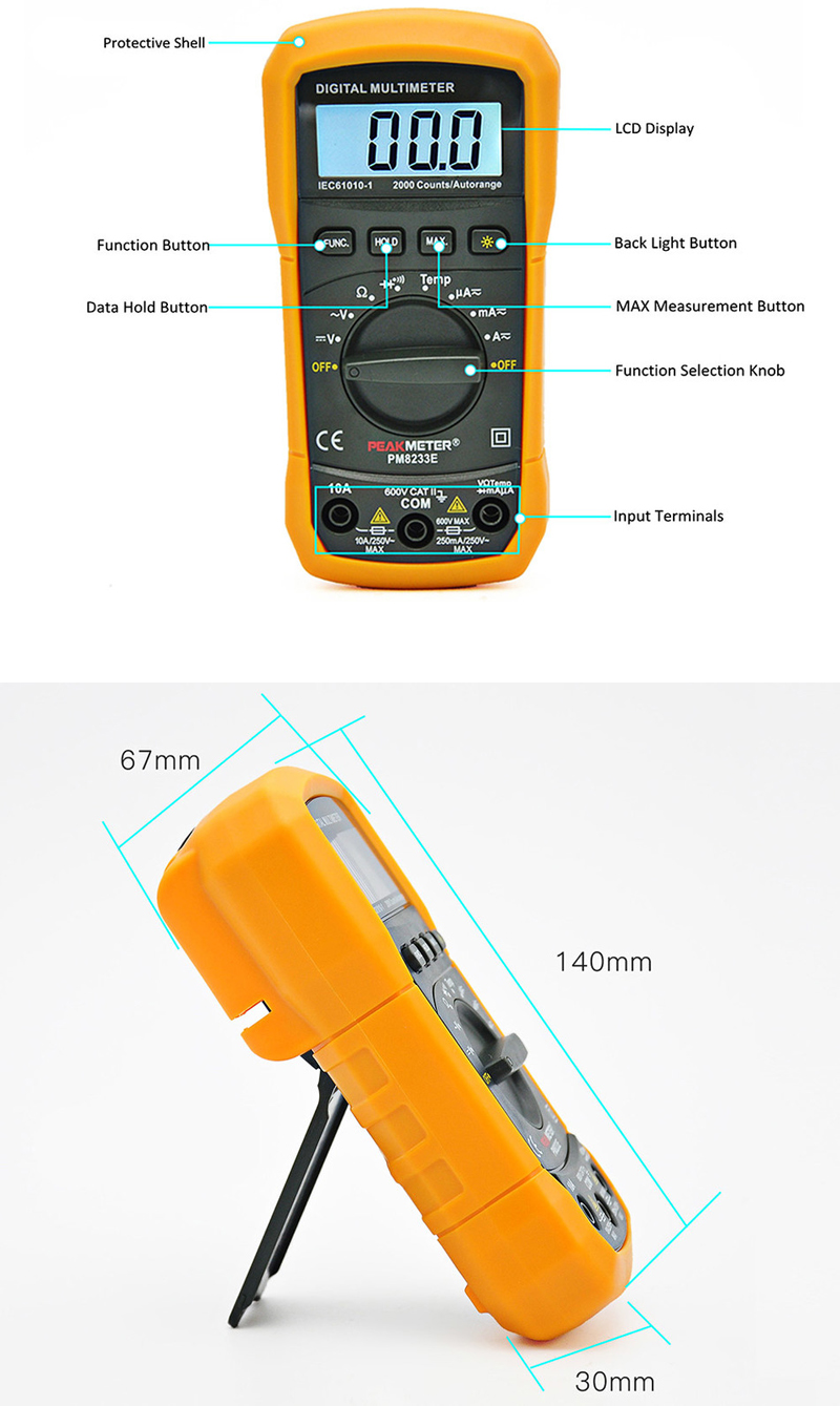 PEAKMETER MS8233E LCD Digital Auto Range Multimeter AC DC Ammeter Voltage Diode Continuity Tester 