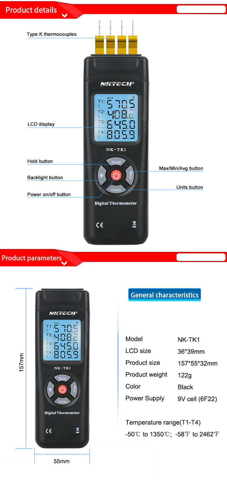 NK-TK1 4 Channel Digital Thermometer Temperature Meter Handheld Thermometer K Type Thermocouple Sensor for Industury Instrument
