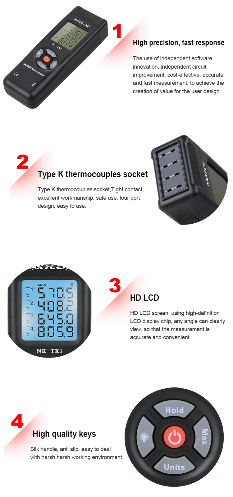 NK-TK1 4 Channel Digital Thermometer Temperature Meter Handheld Thermometer K Type Thermocouple Sensor for Industury Instrument
