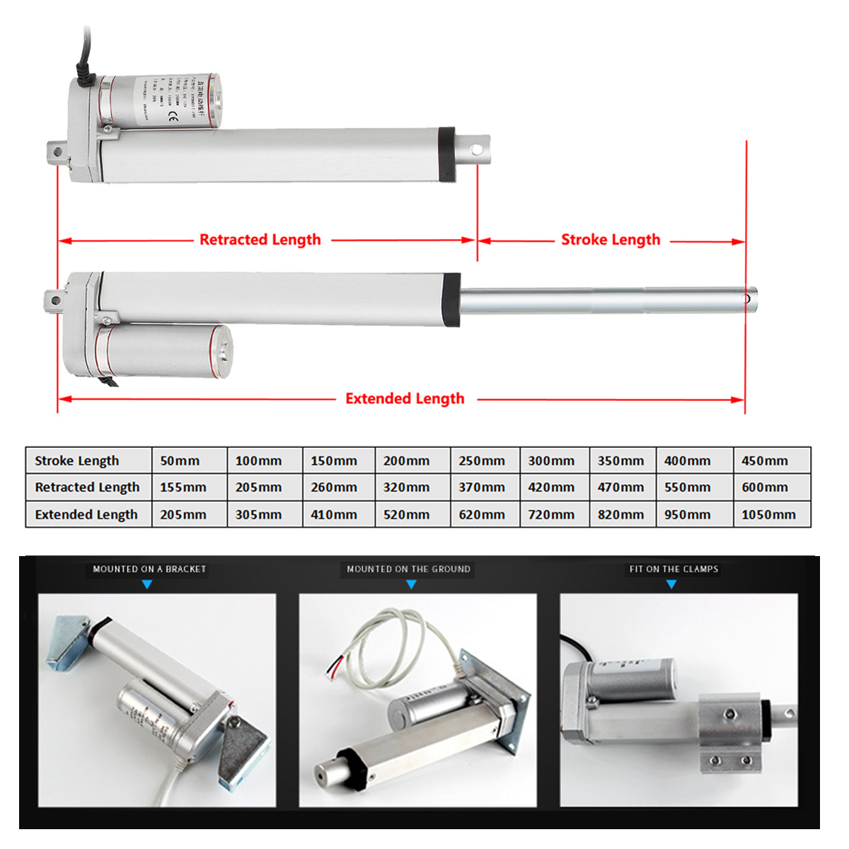 DC 12V 50-300mm 200N Stroke Tubular Motor Linear Actuator Motor