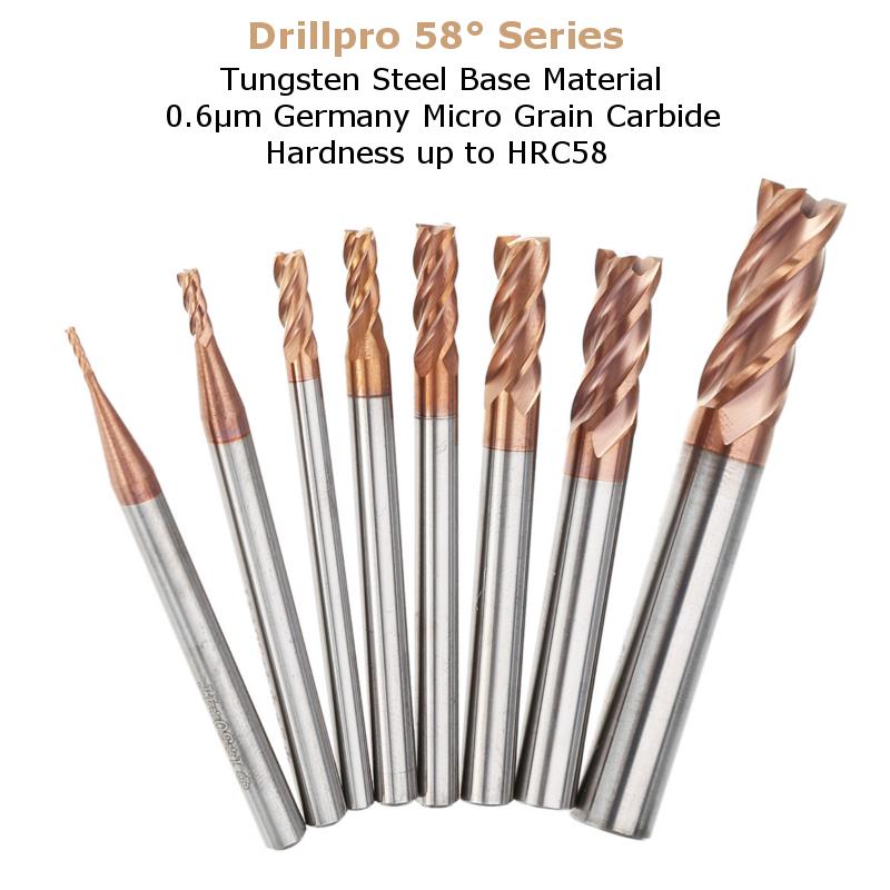 Drillpro 1-8mm 4 Flutes HRC58 End Mill Cutter AlTiN Coating Carbide End Mill Cutter CNC Tool