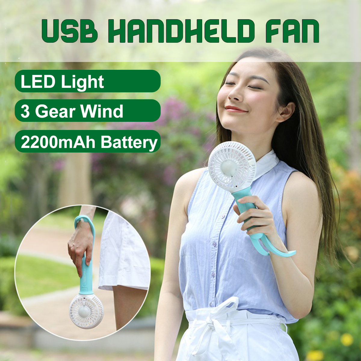 USB Cooling Fan Portable Handheld Fan 3 Speed Mini Fan LED light 2200mAh Battery Hanging Fan