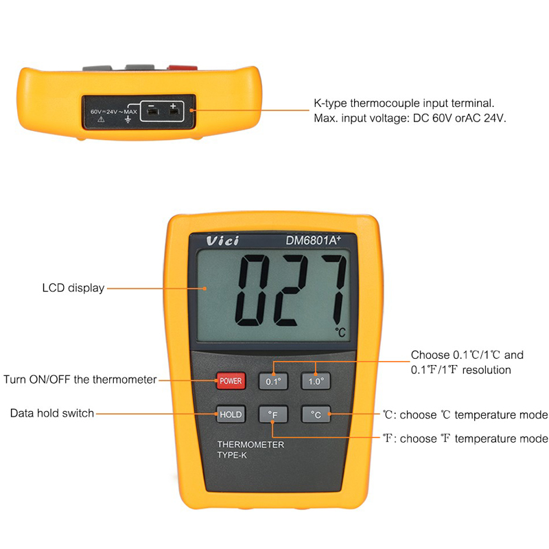 Vici DM6801A+ Mini LCD Digital Thermometer Temperature Meter Tester with K-type Thermocouple