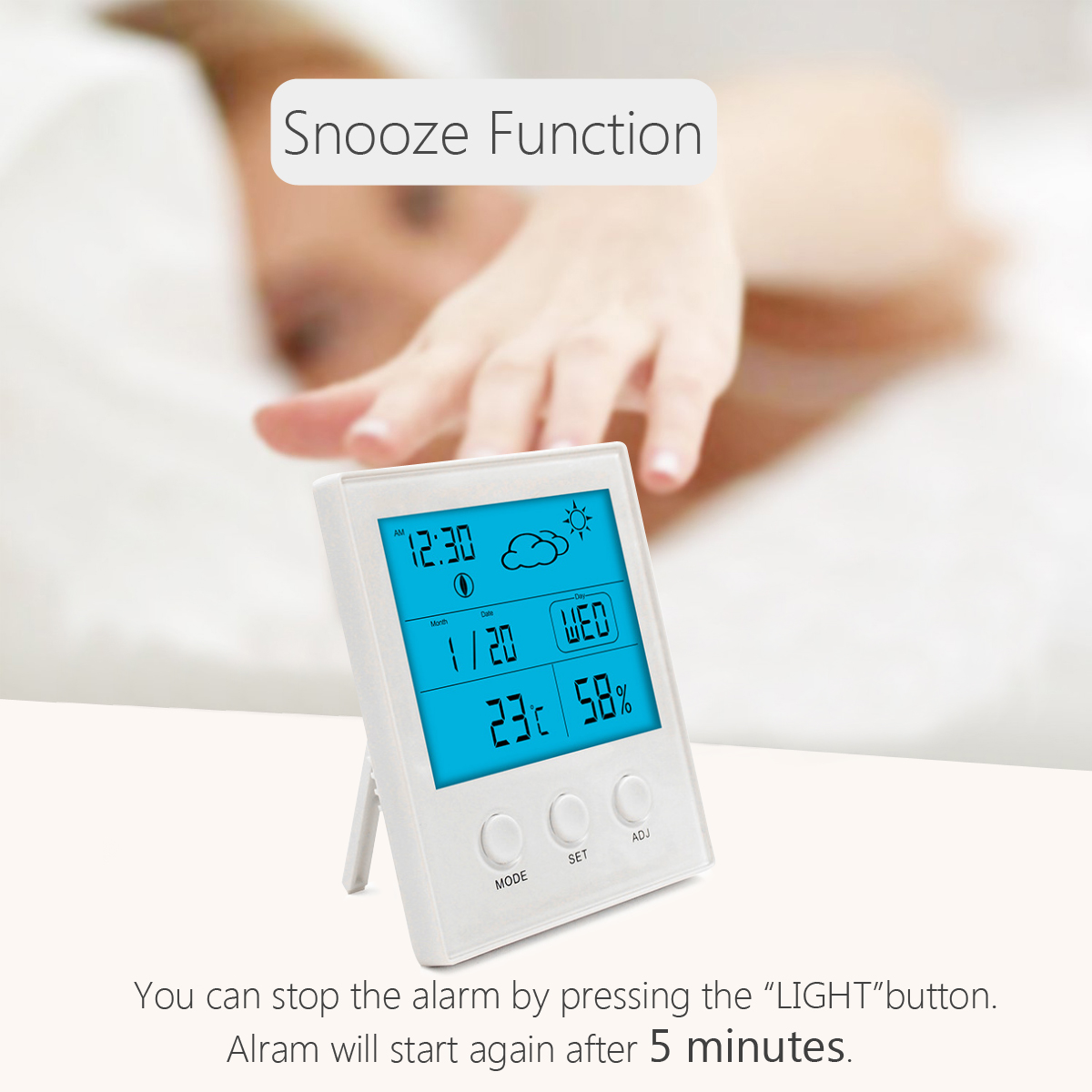 CH-904 Digital Thermometer Hygrometer Temperature Humidity Tester LED Backlight Time Date Calendar Alarm Clock Display Indoor