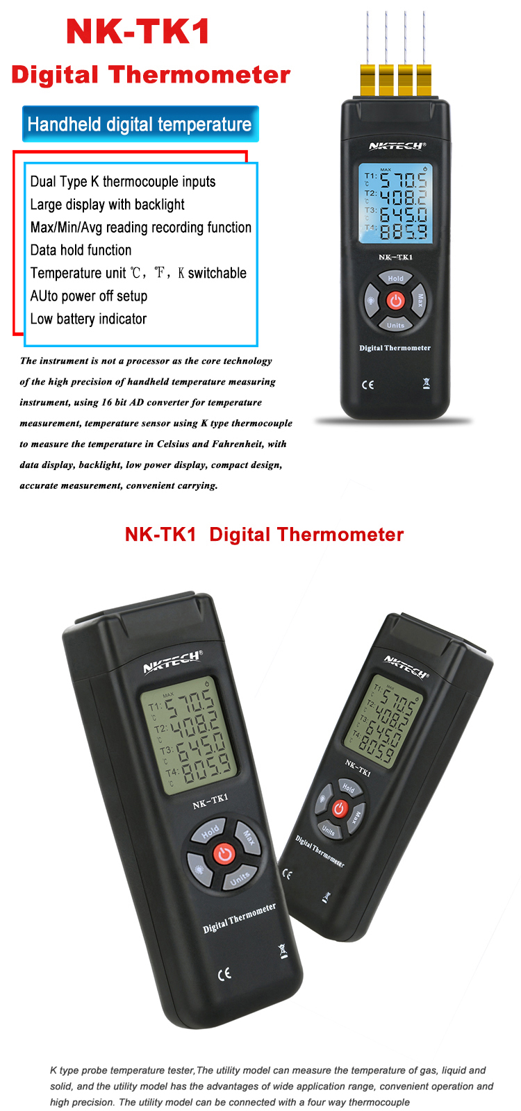 NK-TK1 4 Channel Digital Thermometer Temperature Meter Handheld Thermometer K Type Thermocouple Sensor for Industury Instrument