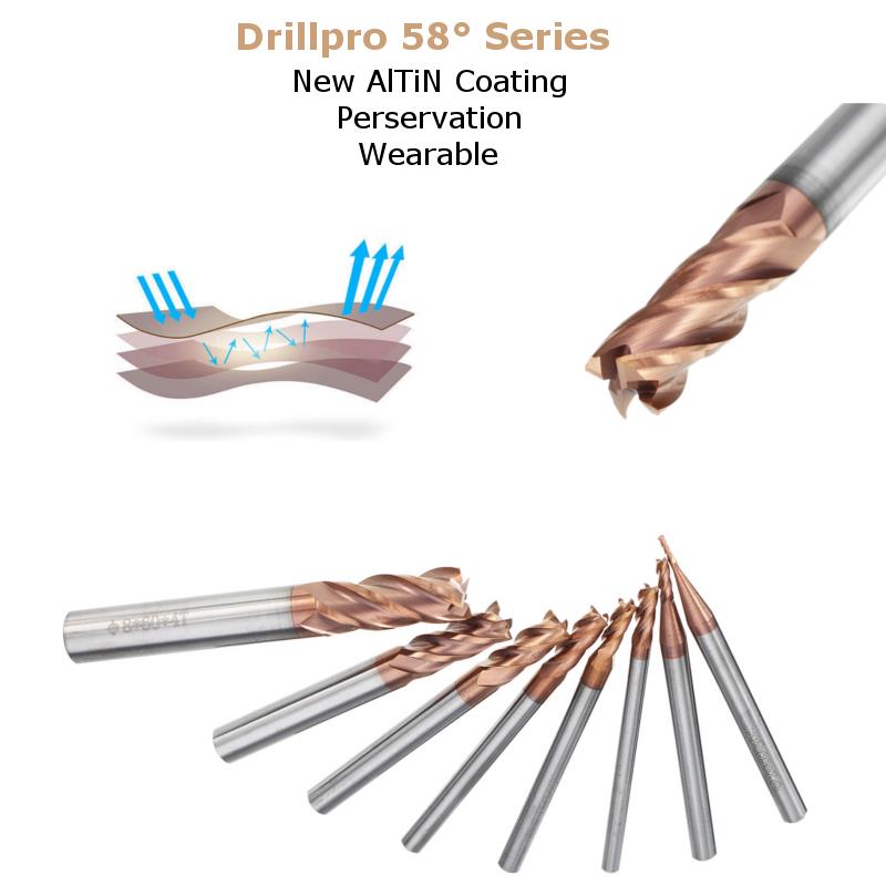 Drillpro 1-8mm 4 Flutes HRC58 End Mill Cutter AlTiN Coating Carbide End Mill Cutter CNC Tool