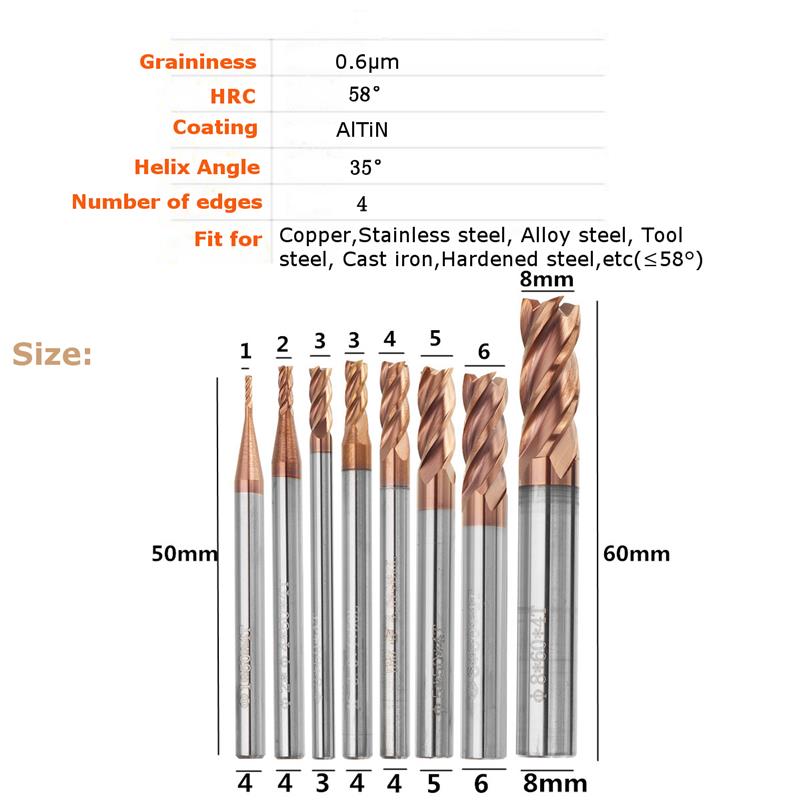 Drillpro 1-8mm 4 Flutes HRC58 End Mill Cutter AlTiN Coating Carbide End Mill Cutter CNC Tool