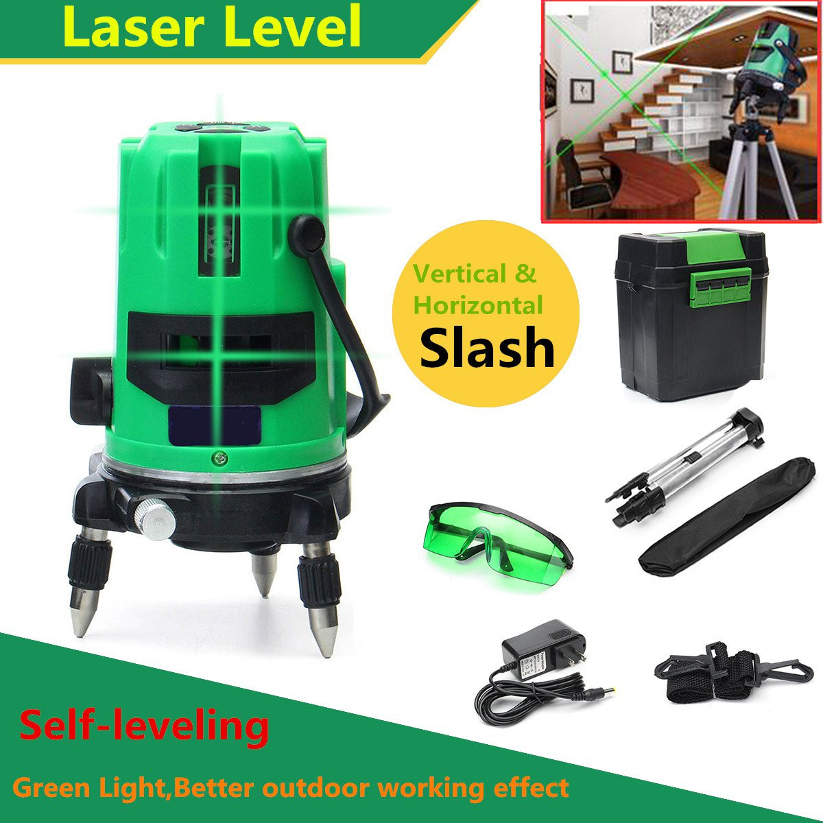 Green 2 Line 2 Points Laser Level 360 Rotary Laser Line Self Leveling with Tripod