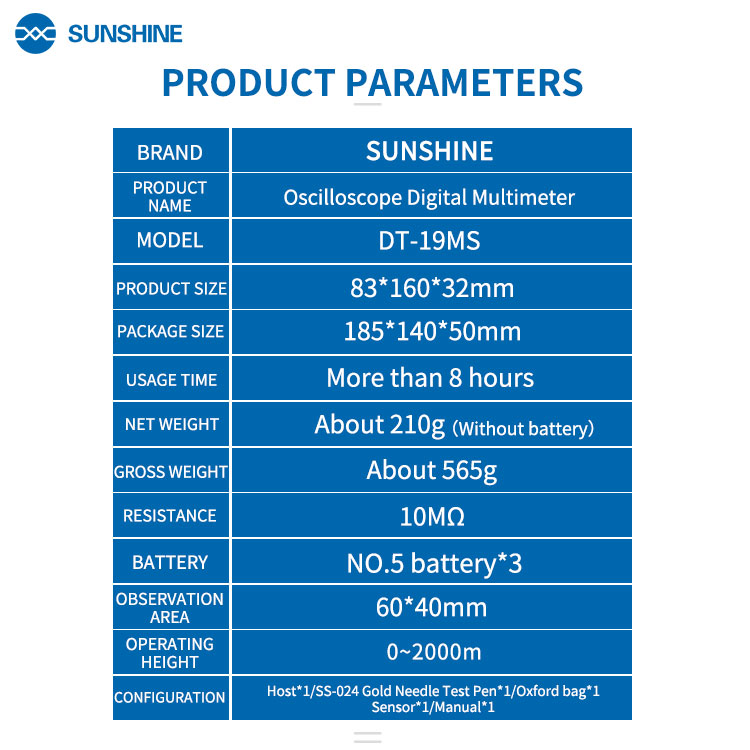 SUNSHINE DT-19MS 2 in 1 Handheld Oscilloscope Multimeter For Mobile Phone Repair Multifunction LCD Display Test Meter