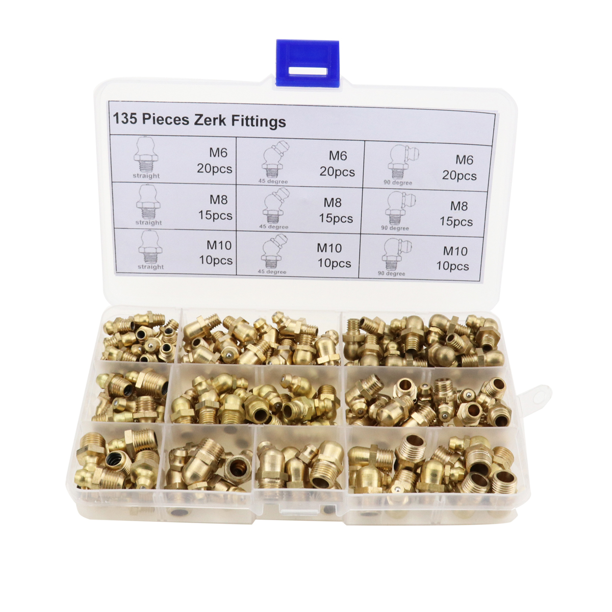 135pcs Hydraulic Metric Brass Zerk Grease Nipple Fitting Kit M6/M8/M10 Machinery Parts