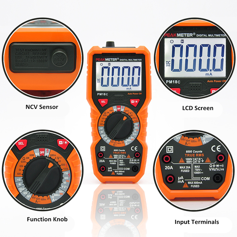 PEAKMETER PM18C Digital Multimeter Voltage Current Resistance Capacitance Frequency Temperature Tester ??/?H hFE NCV Live Line Tester