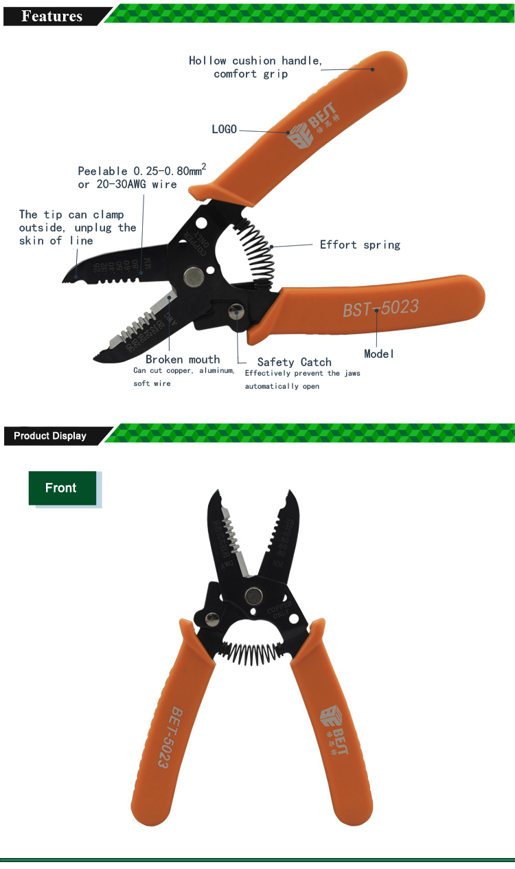 BEST-5023 20-30AWG 0.25-0.8mm Wire Stripper Plier Copper Cable Hardened Steel Plier