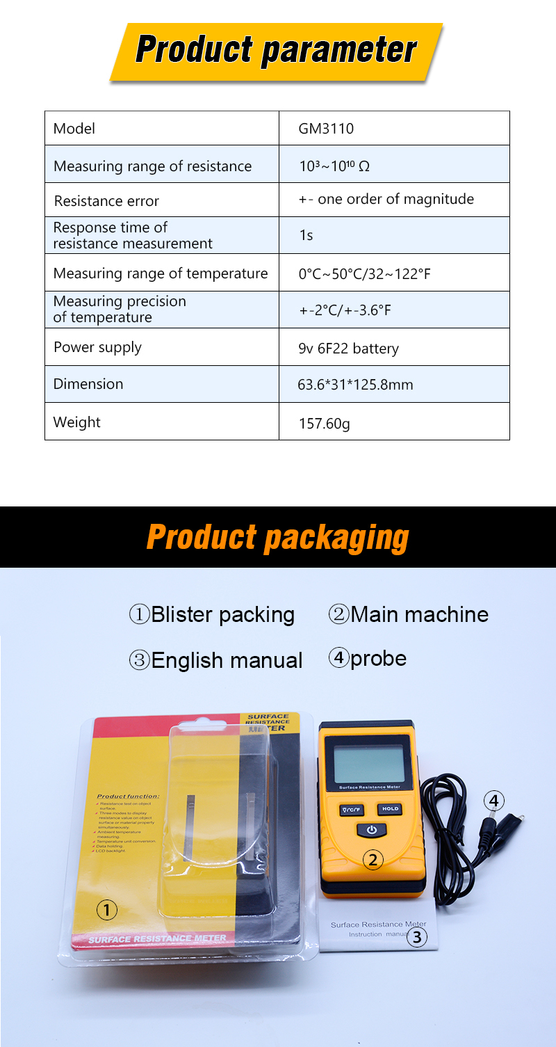 GM3110 Portable LCD Surface Resistance Meter Earth Resistance Meter with Data Holding Function 