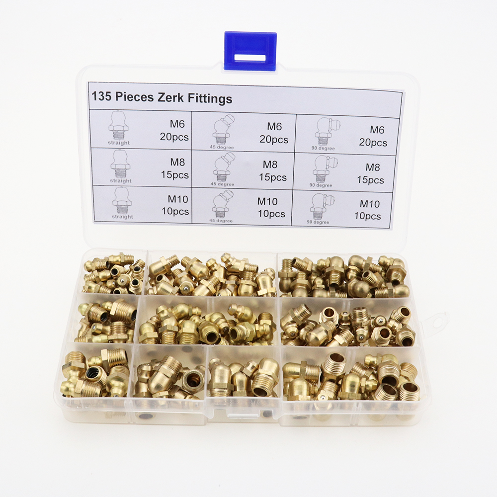 135pcs Hydraulic Metric Brass Zerk Grease Nipple Fitting Kit M6/M8/M10 Machinery Parts