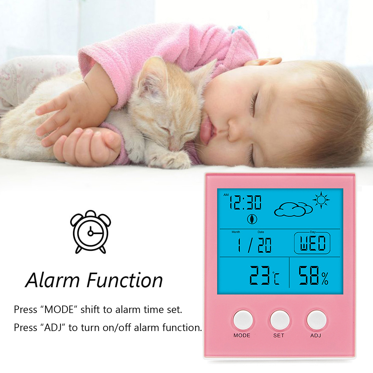 CH-904 Digital Thermometer Hygrometer Temperature Humidity Tester LED Backlight Time Date Calendar Alarm Clock Display Indoor