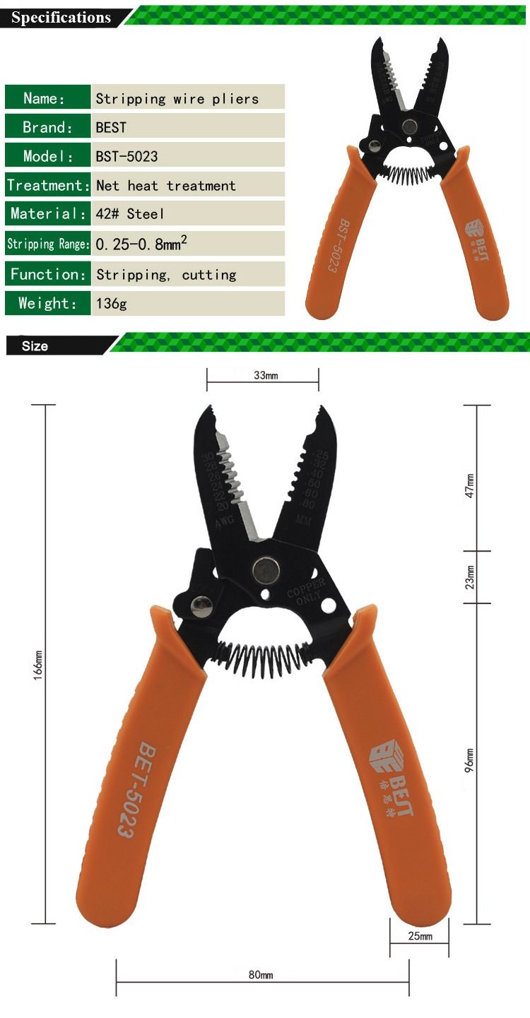 BEST-5023 20-30AWG 0.25-0.8mm Wire Stripper Plier Copper Cable Hardened Steel Plier