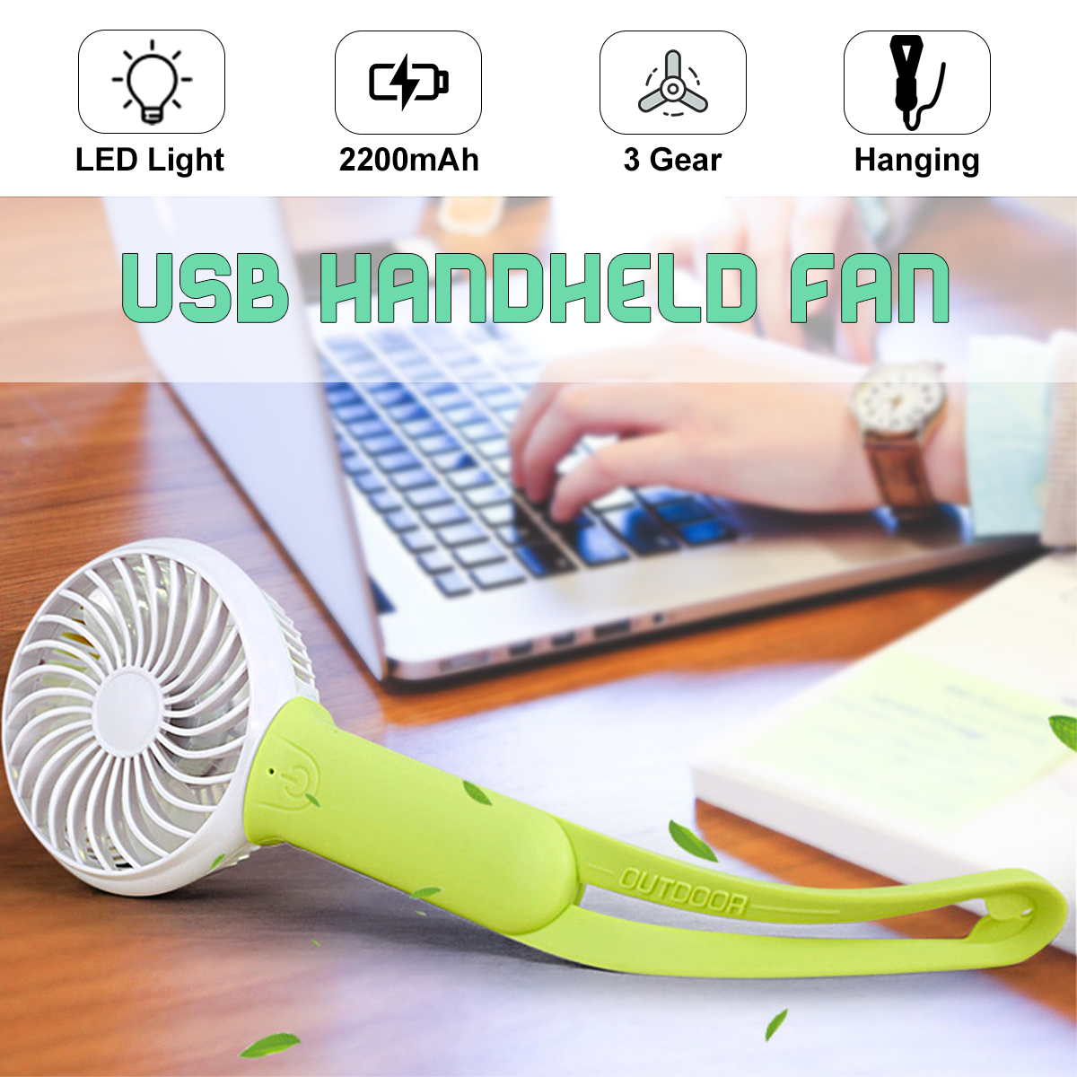 USB Cooling Fan Portable Handheld Fan 3 Speed Mini Fan LED light 2200mAh Battery Hanging Fan