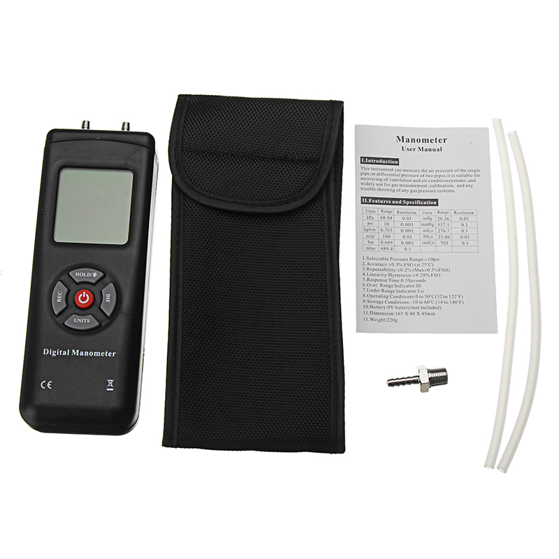 TL-102 LCD Digital Manometer Differential Gauge Air Pressure Meter 10Psi Data Hold 11 Units 