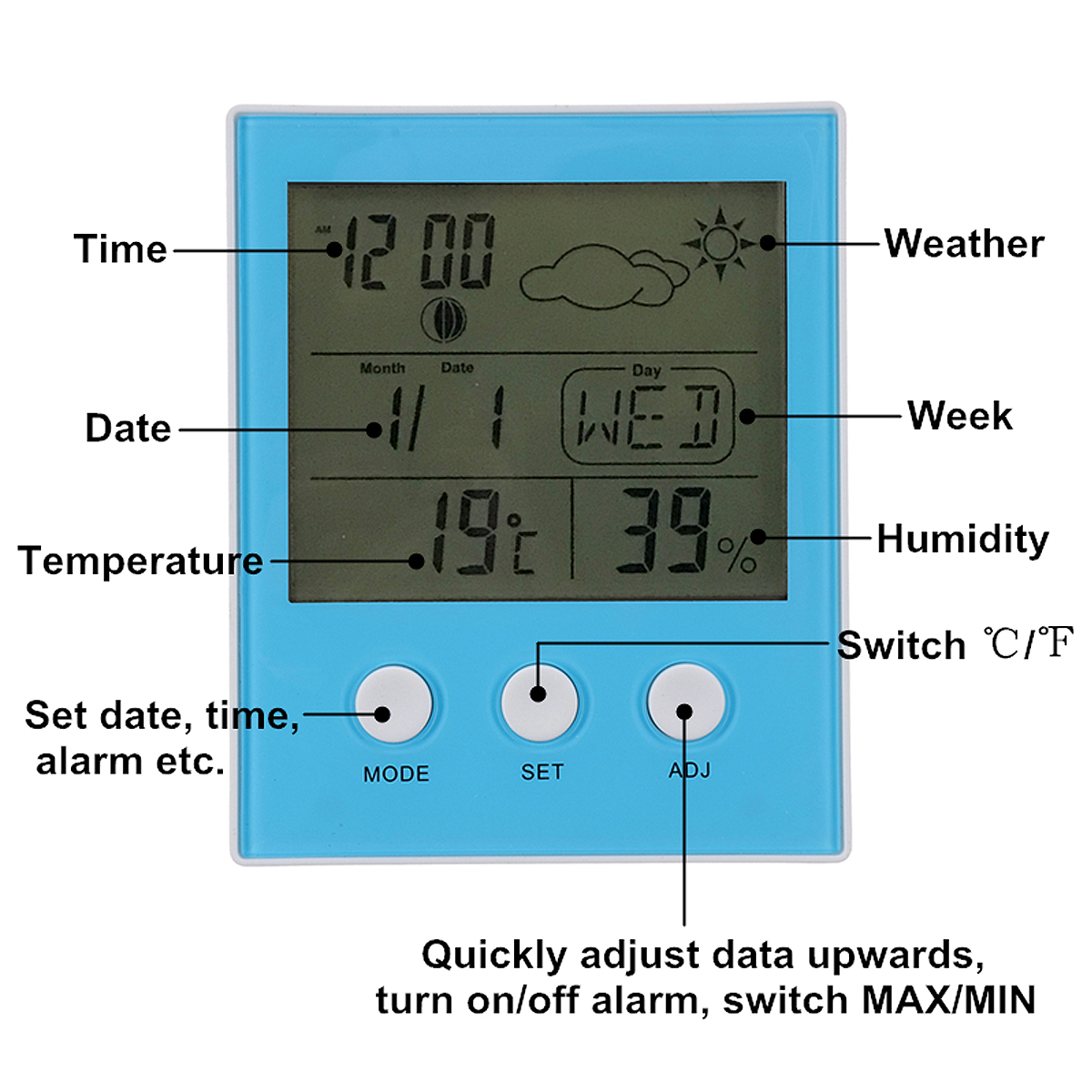 CH-904 Digital Thermometer Hygrometer Temperature Humidity Tester LED Backlight Time Date Calendar Alarm Clock Display Indoor