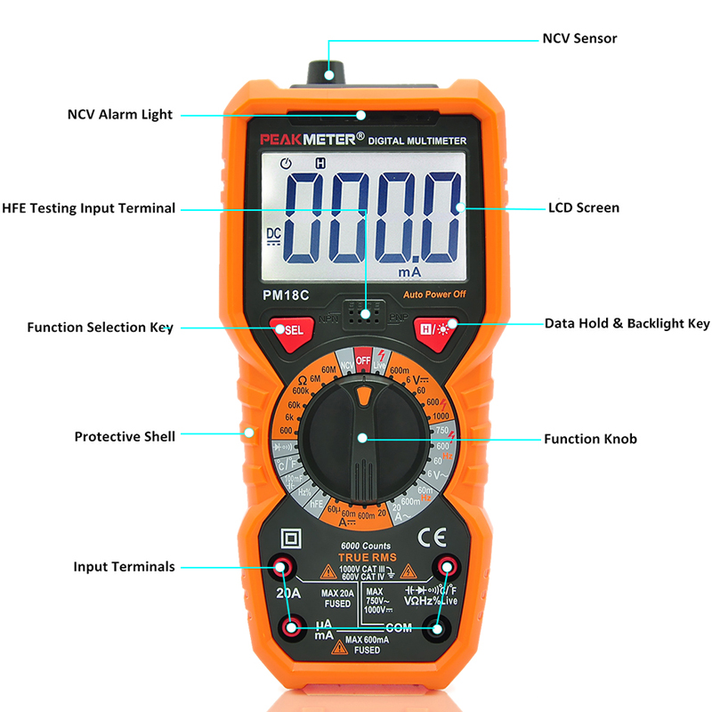 PEAKMETER PM18C Digital Multimeter Voltage Current Resistance Capacitance Frequency Temperature Tester ??/?H hFE NCV Live Line Tester