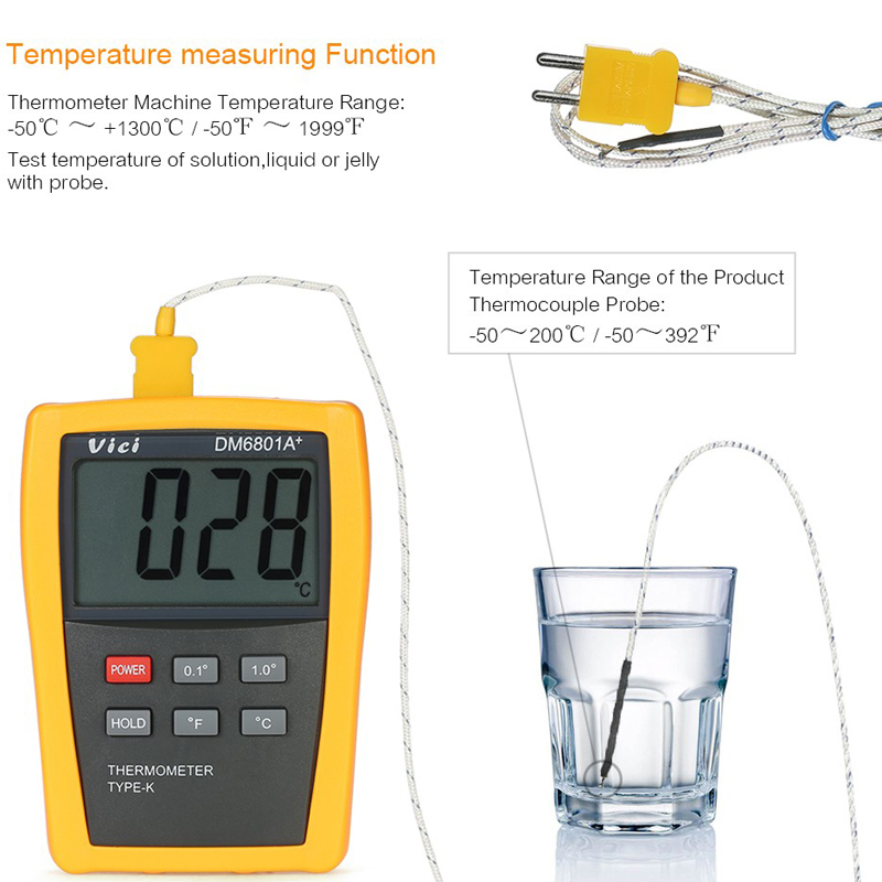 Vici DM6801A+ Mini LCD Digital Thermometer Temperature Meter Tester with K-type Thermocouple
