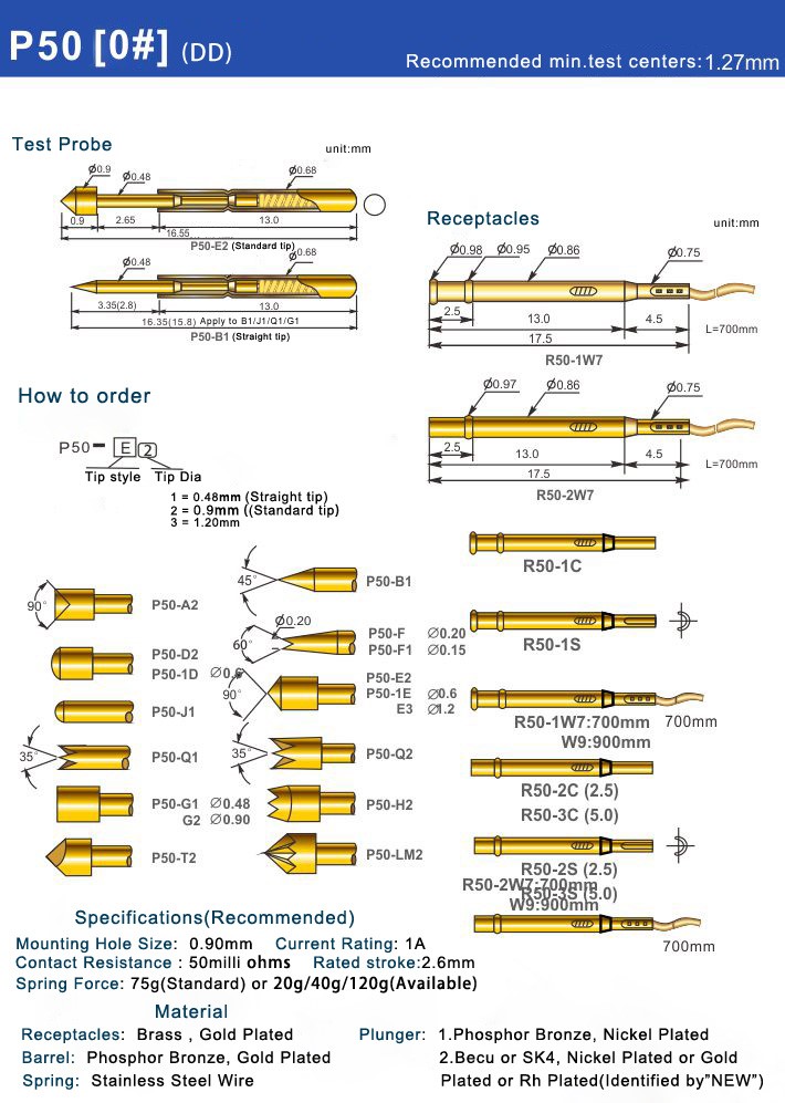 100 Pcs PA50-Q1 Gold-Plated Test Probe Outer Diameter 0.68mm Length 16.55mm Test Tool Spring For Testing Circuit Board Instruments Test Pin