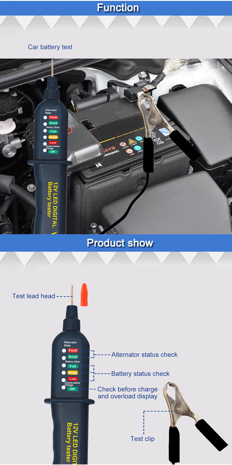WHDZ VT15C 12V Car Battery Tester Digital Auto Alternator Analyzer Voltmeter 6 LED Lights
