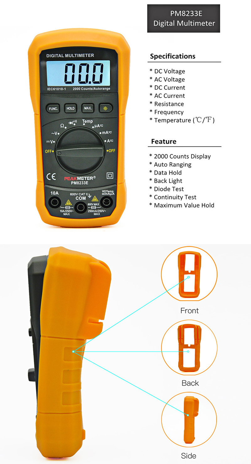 PEAKMETER MS8233E LCD Digital Auto Range Multimeter AC DC Ammeter Voltage Diode Continuity Tester 