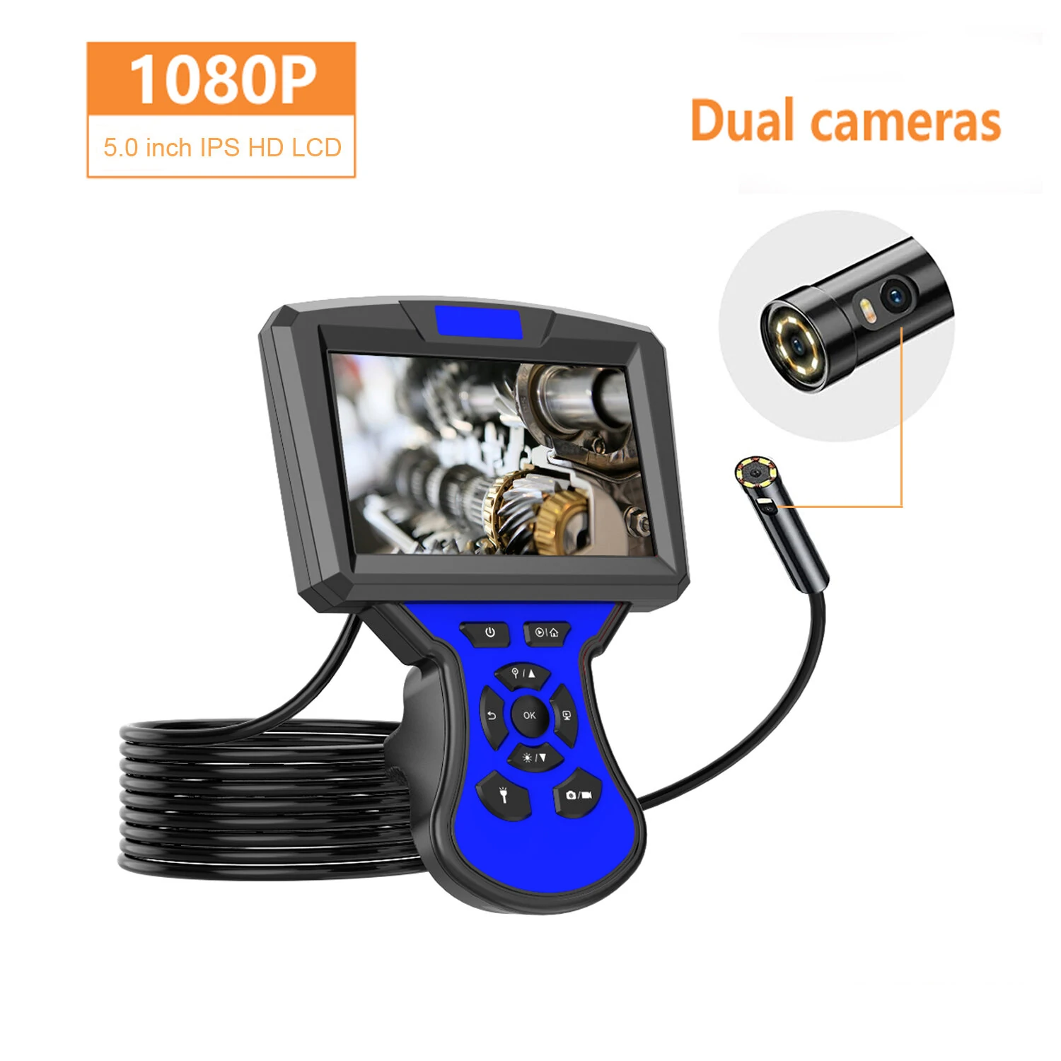 5 Inch Industrial Endoscope with Screen | 1080P Waterproof Dual Lens Camera for Car AC Duct Inspection - Image 3