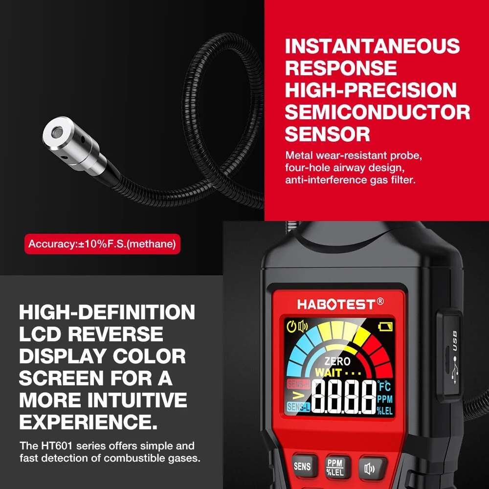 HABOTEST HT601A Natural Gas Leak Detector | 50-1000PPM Methane | Flexible Probe - Image 3
