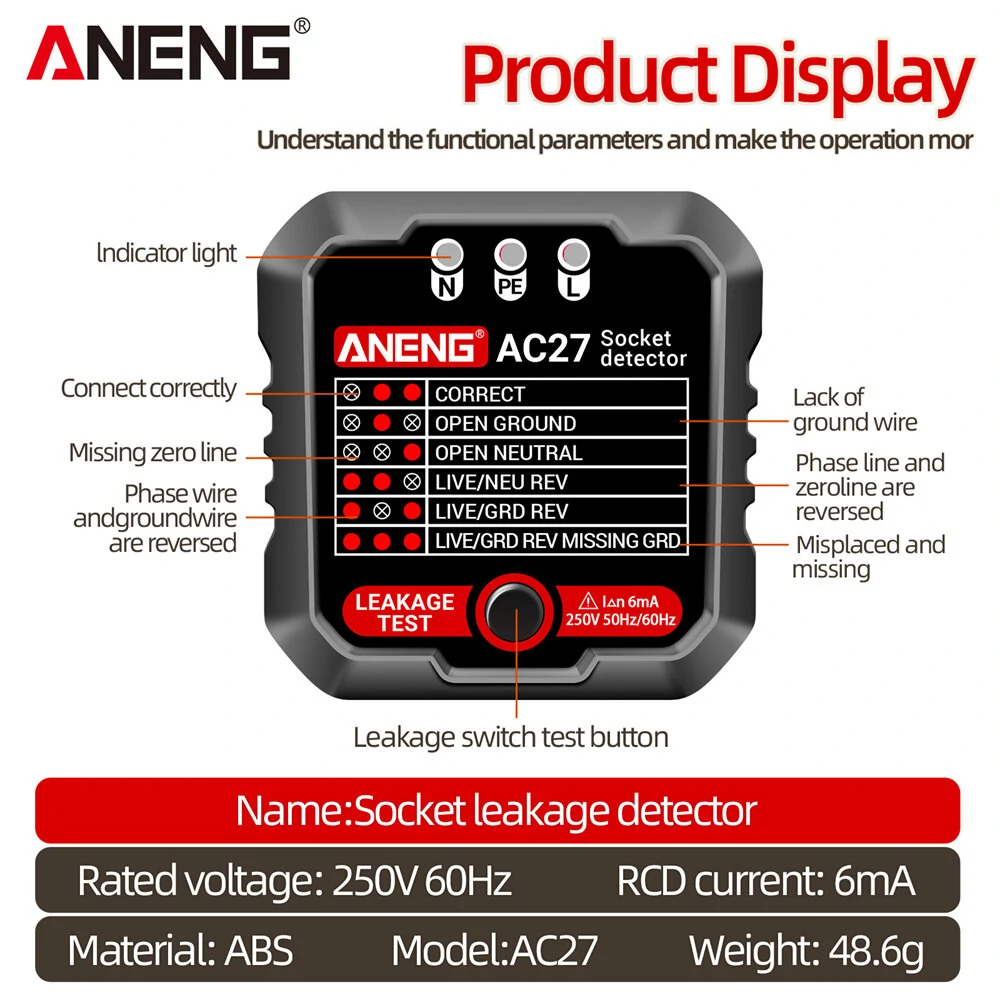 ANENG AC27 Smart Socket Tester - EU/US Plug Voltage Detector & Circuit Finder - Image 3