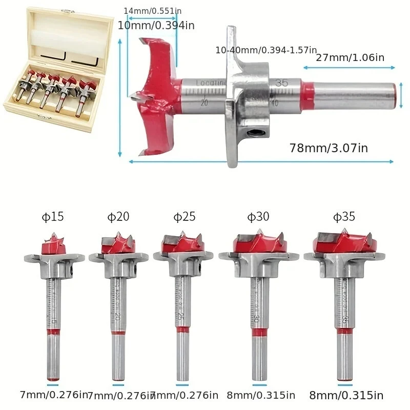 5PCS 15-35mm Hard Alloy Flat Wing Drill Bit Set | Adjustable Hinge Hole Expander - Image 3