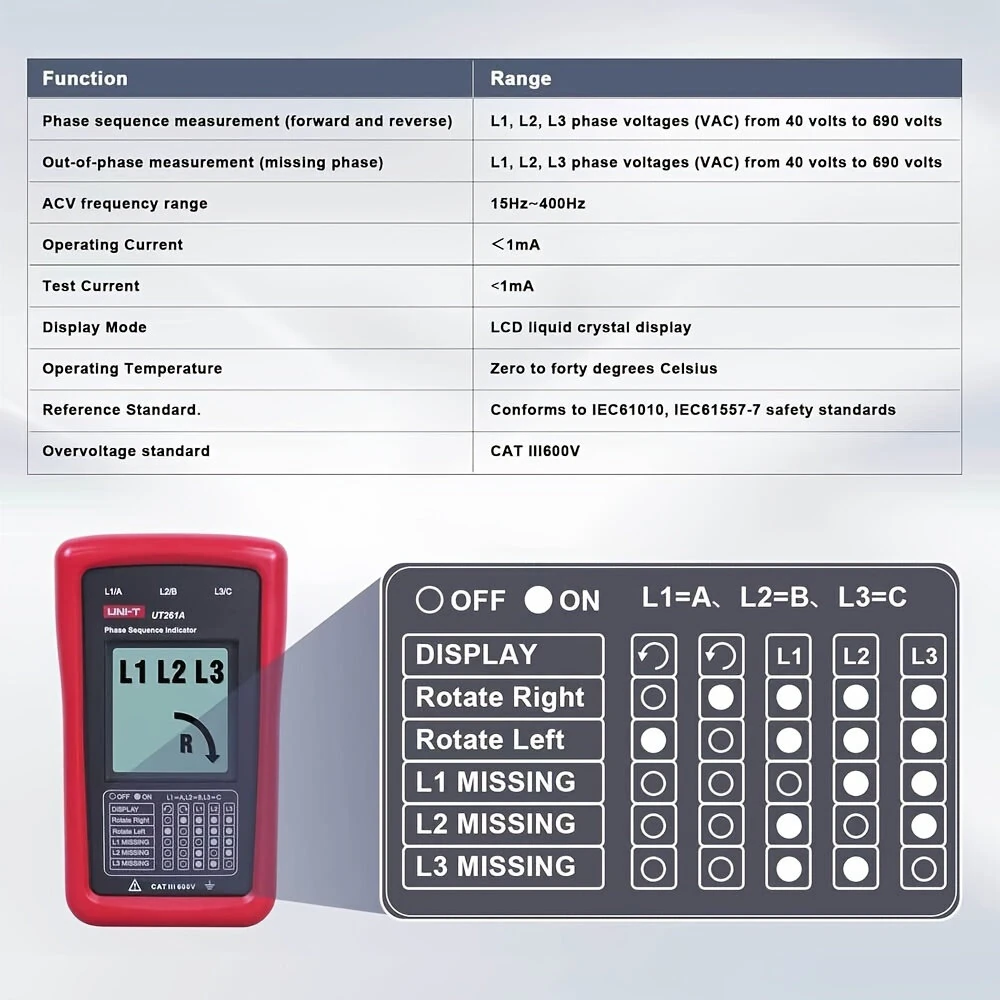 UNI-T UT261A 3 Phase Rotation Tester | 40V-690V AC | CAT III 600V | LCD Display - Image 5