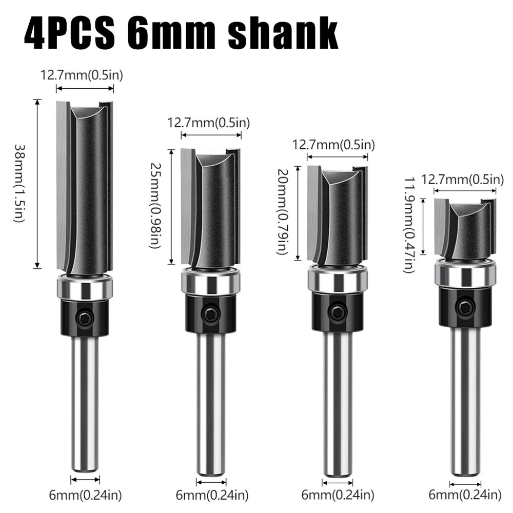 LAVIE 4pcs 1/4 Inch Shank Straight Router Bit | 6mm with Bottom Bearing | Woodworking Trimming Cutter - Image 3