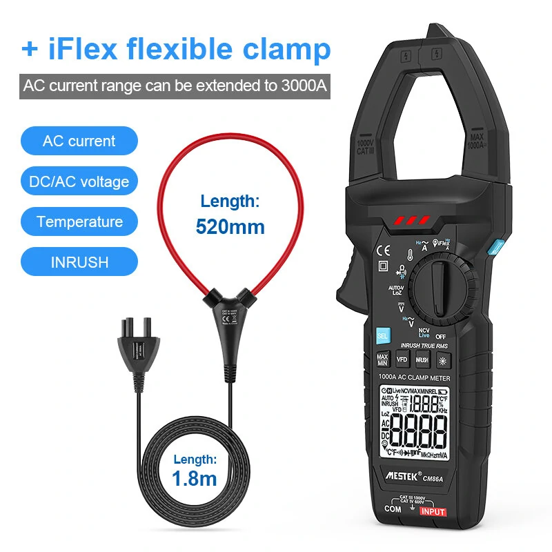 MESTEK CM86A 1000A AC Clamp Meter | Auto-Range, Measures Current Voltage Temperature - Image 3