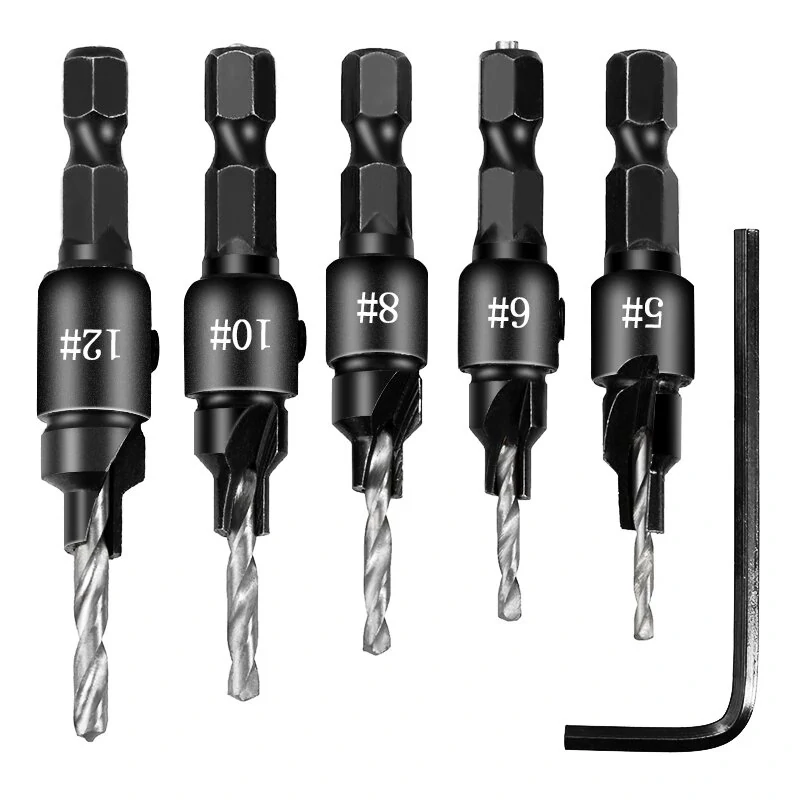 5pcs Countersink Drill Bit Set for Screw Sizes #5 #6 #8 #10 #12 | Pilot Holes - Image 2