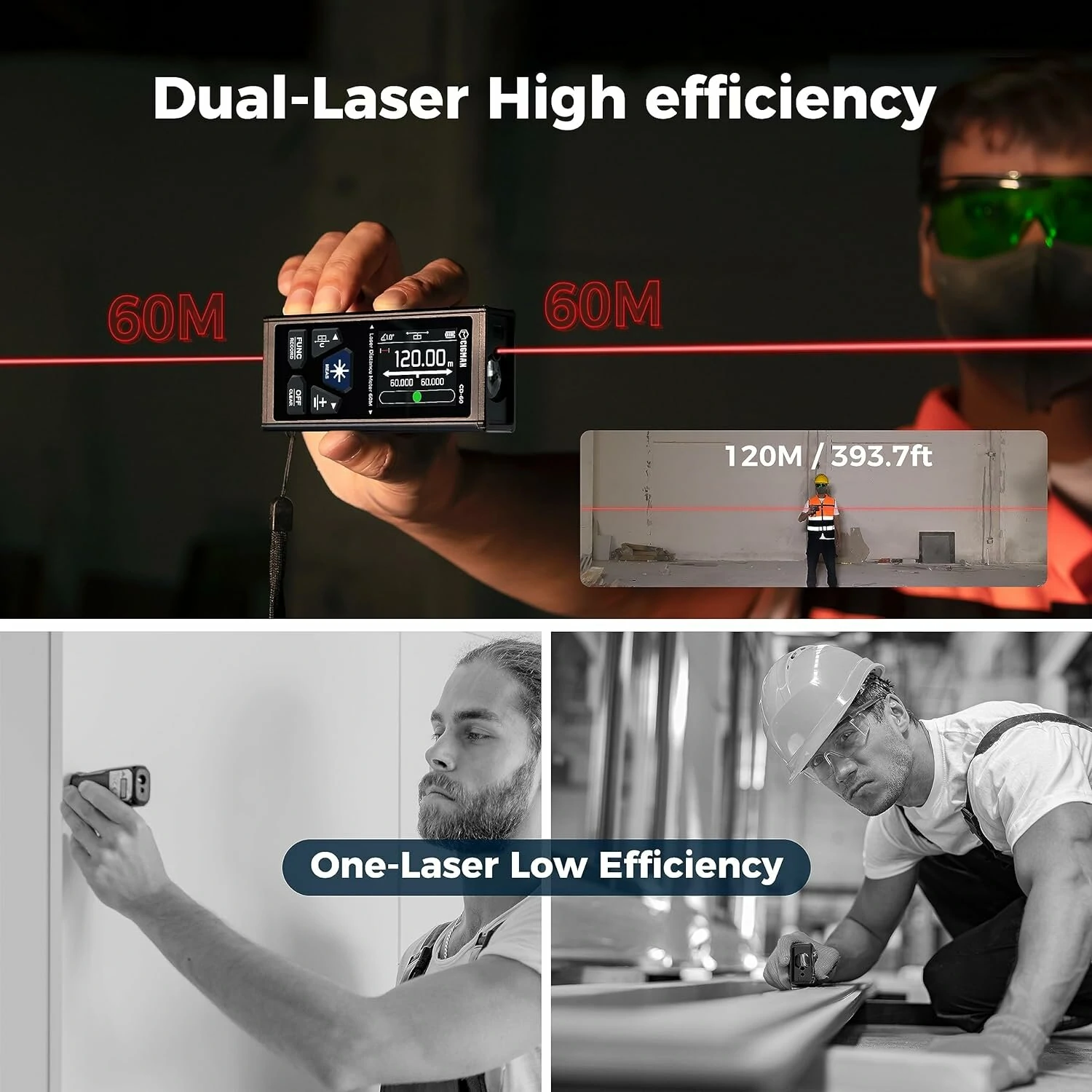 CIGMAN CD-60 Laser Distance Meter - 393ft High Precision - Rechargeable with LCD Display - Image 5