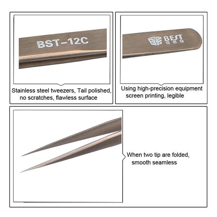 BEST BST-12C Stainless Steel Pointed Tweezer | Anti-Magnetic & Anti-Acid - Image 4