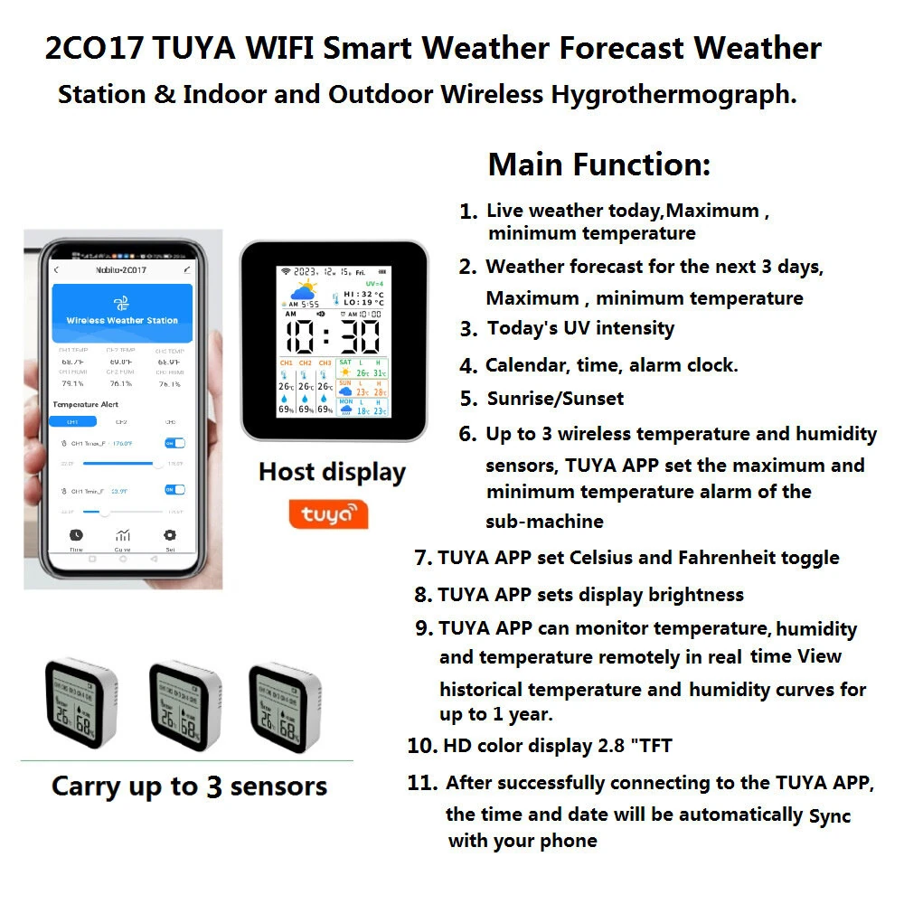 TUYA Smart Weather Station - Wireless Indoor Outdoor Hygrothermograph | 2.8inch Color Display & WiFi - Image 2