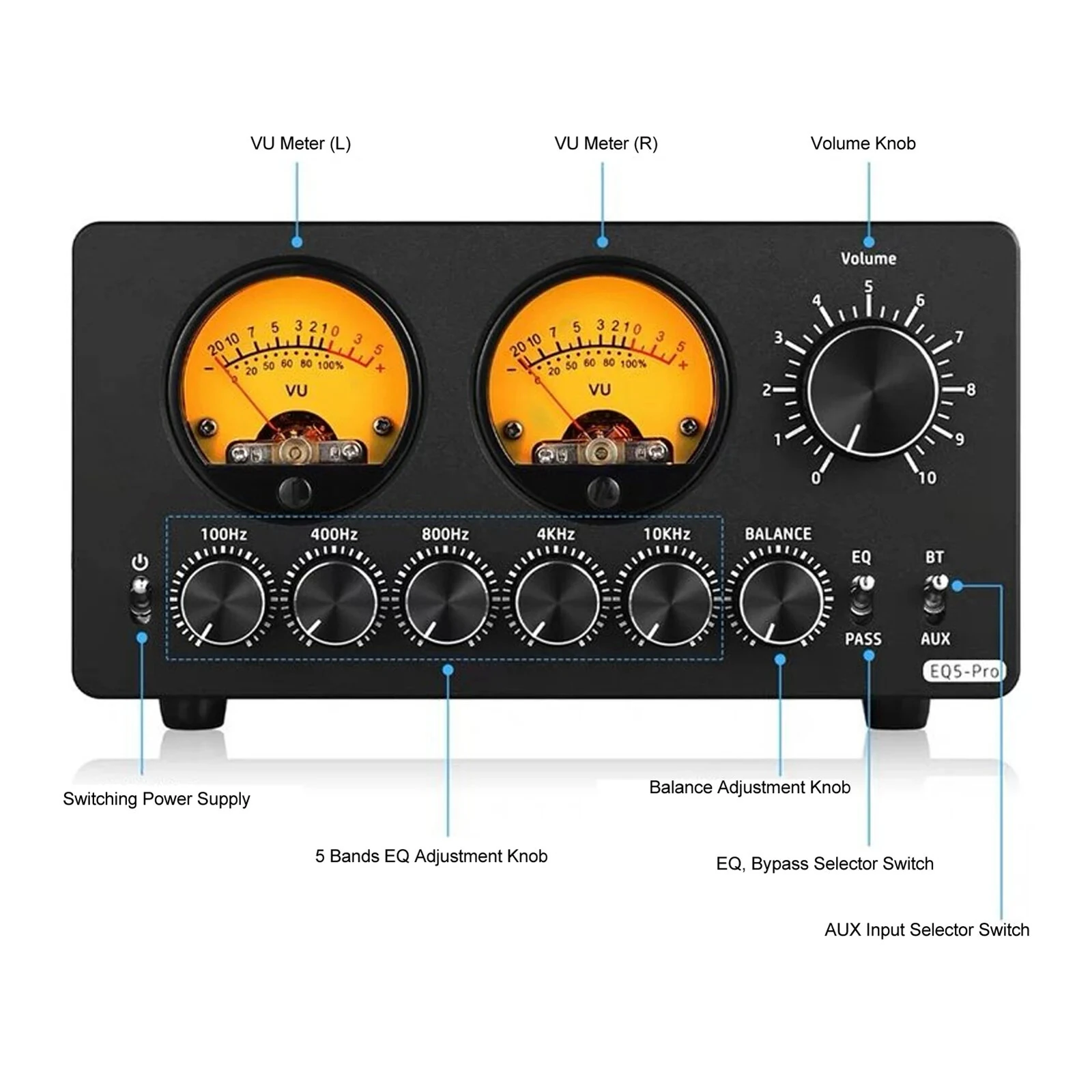 5 Band EQ Pre-amplifier with Bluetooth 5.0 & VU Meter | Vintage Stereo RCA AUX | USB-C - Image 5