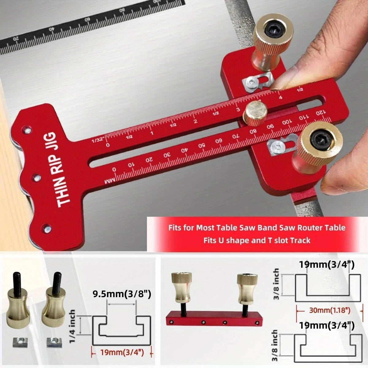 Thin Table Saw Jig - Adjustable Aluminum Guide for 3/8 x 3/4 U Slot | Laser Engraved Scales - Image 3