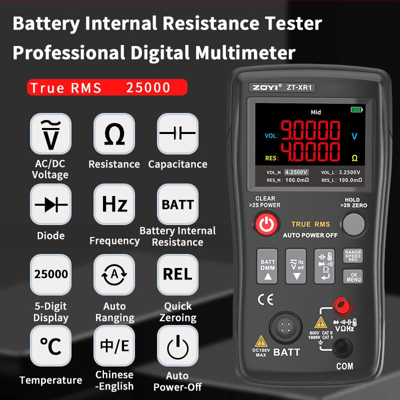 ZOYI ZT-XR1 2in1 Battery Internal Resistance Meter - 25000 Counts Multimeter for 18650 Testing - Image 5