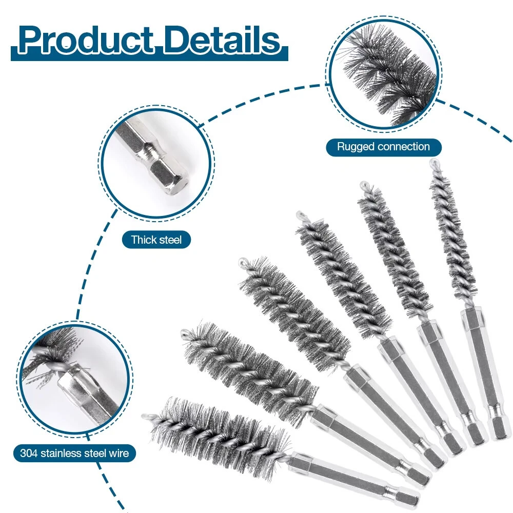 Premium Stainless Steel Bore Brush Set - 6 pcs Straight Wire for Drill - Rust Removal - Image 4