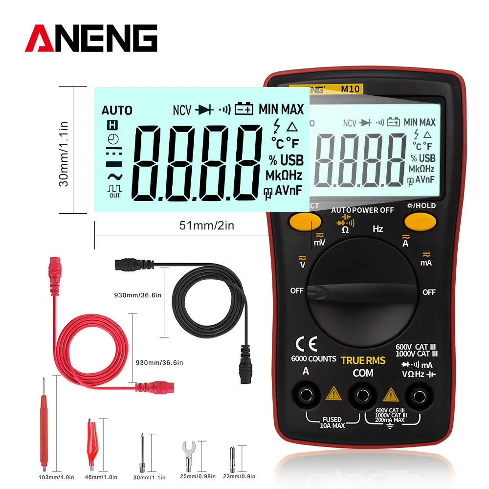ANENG M10 Digital Multimeter - 6000 Counts AC/DC Voltmeter Ammeter | Capacitor Tester with Leads - Image 3