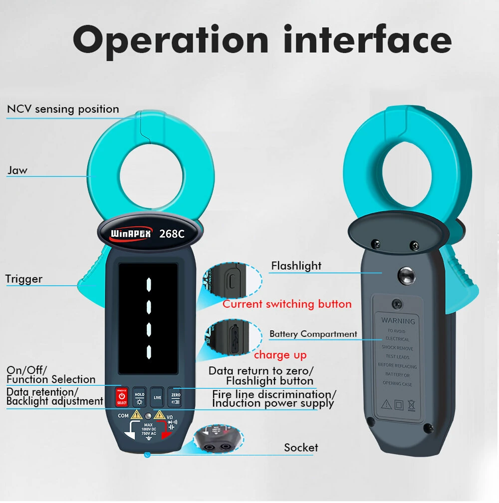 WinAPEX 268C Leakage Current Tester Clamp Meter | 60mA-100A AC | Type-C Rechargeable & Backlit LCD - Image 5