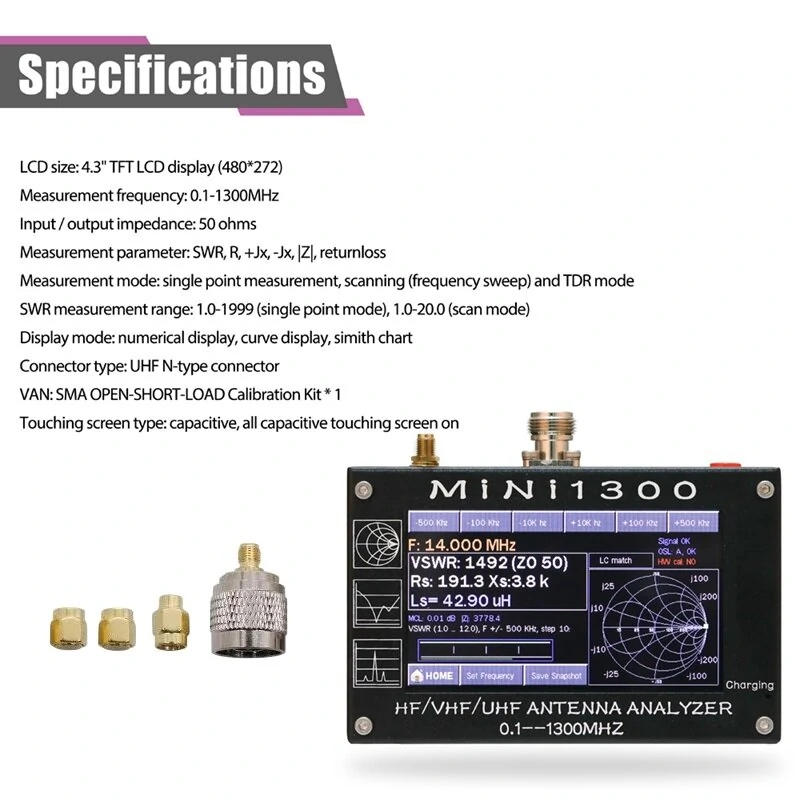 Mini1300 Antenna Analyzer | 0.1-1300MHz HF/VHF/UHF SWR Tester | 4.3 LCD with TF Card - Image 3