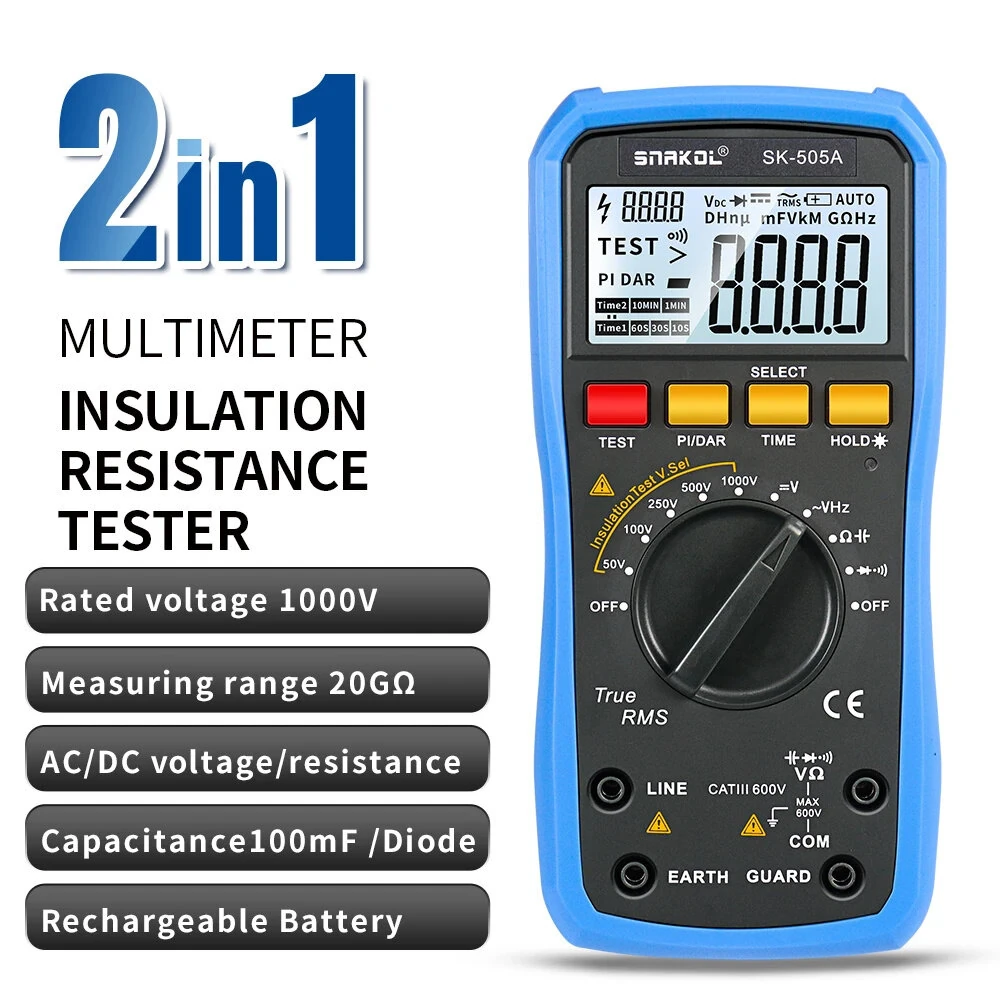 Snakol SK-505A 2in1 Digital Multimeter & 1000V Insulation Tester | Backlit LCD - Image 2