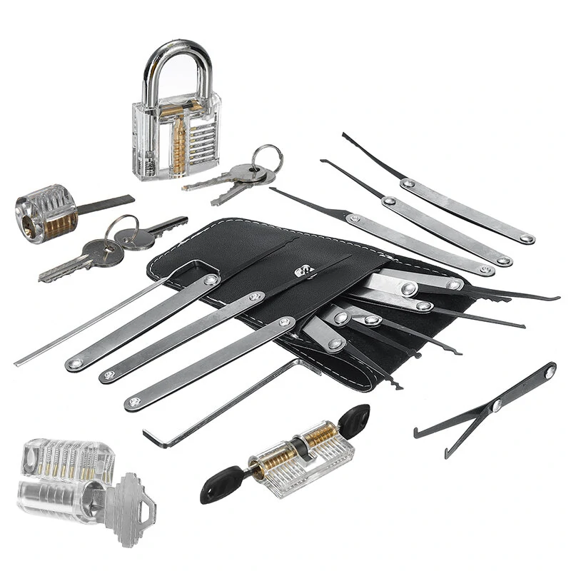 19PCS Locksmith Practice Lock Set - 4 Transparent Padlocks & 15 Tools | Durable Spring Steel | Includes Storage Bag - Image 2