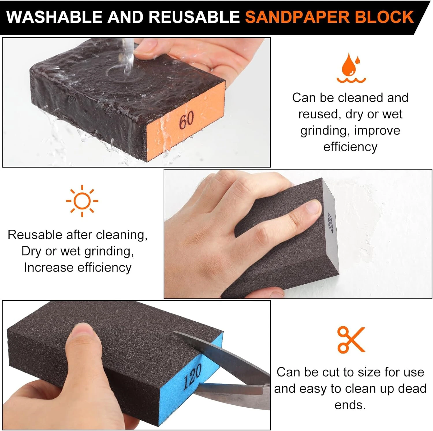 8pcs Washable Sanding Sponges | Assorted Grits 60-220 | For Wood Metal Drywall - Image 3